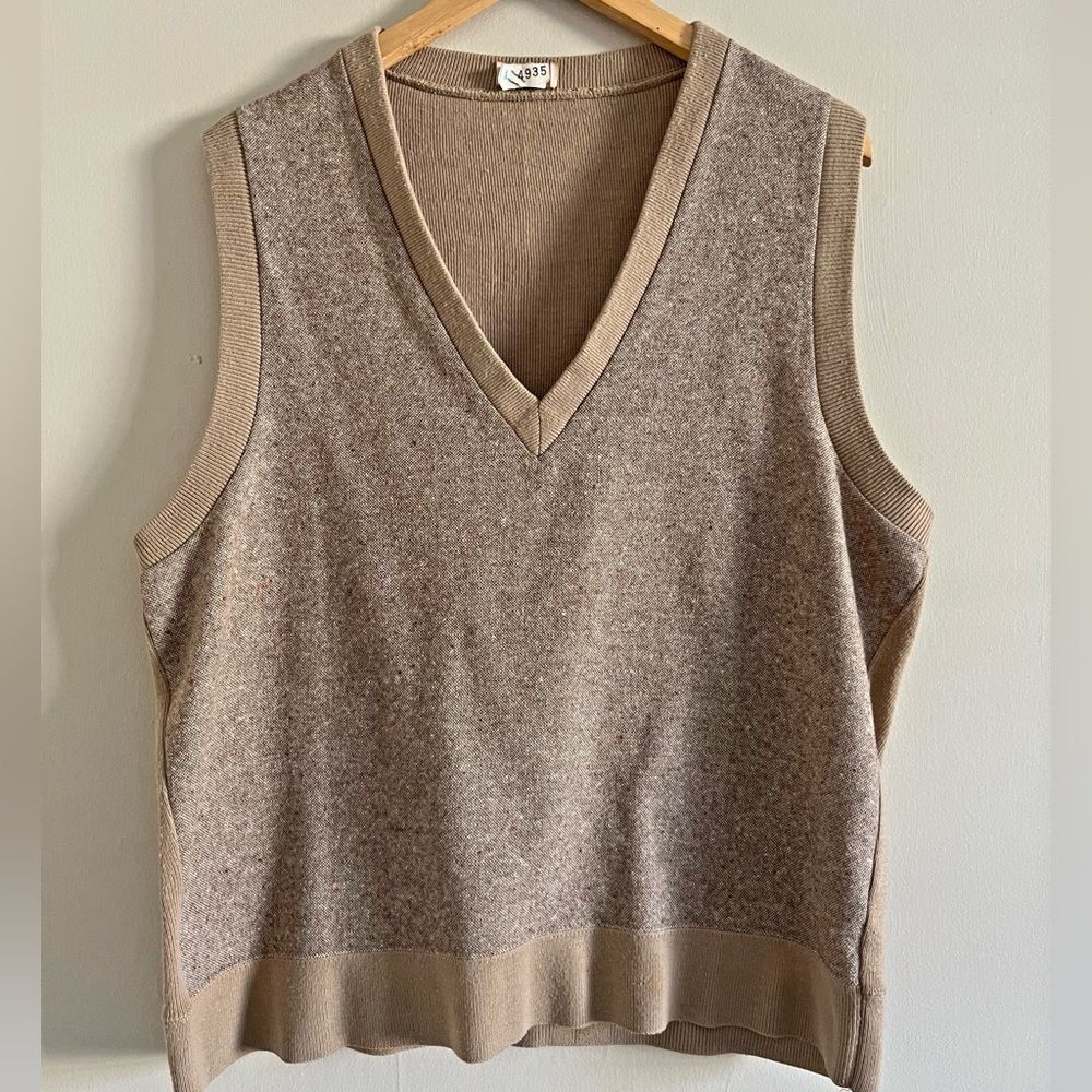 Vintage 70s 80s Brown Flecked Sweater Vest V Neck Wool Blend L XL